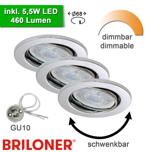 3x Einbauspots 68 mm Chrom GU10 inkl. 5,5W LED dimmbar – Einbaustrahler IP23, schwenkbar, dimmbar, 68mm
