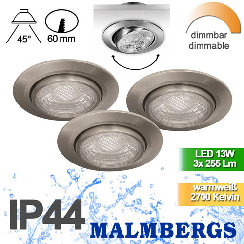3er Set LED Einbaustrahler dimmbar schwenkbar silber IP44 MD-13 – Einbaustrahler IP44, schwenkbar, dimmbar