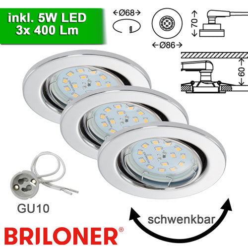 3er Set Einbauspots Chrom GU10 inkl. 5W LED – Einbaustrahler IP23, schwenkbar, dimmbar, 68mm