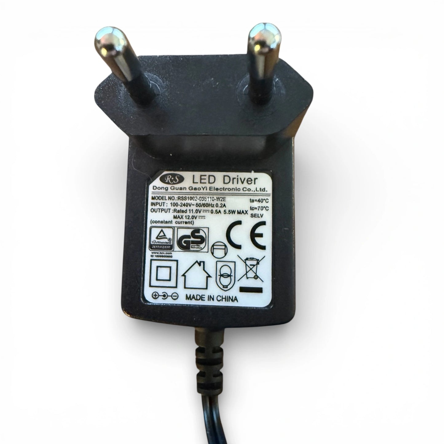 Typenschild DONG GUAN RSS1002-050100-W2E 11V 0,5A LED Trafo 5,5W schwarz