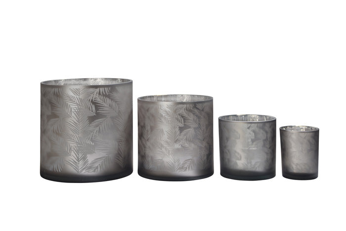 Vase Übertopf aus Glas grau mit Blattmuster 20cm