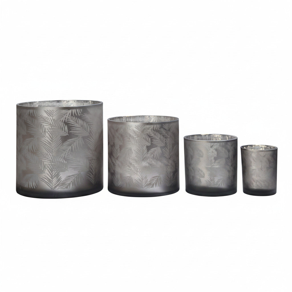 Windlicht Vase aus Glas grau mit Blattmuster 15cm