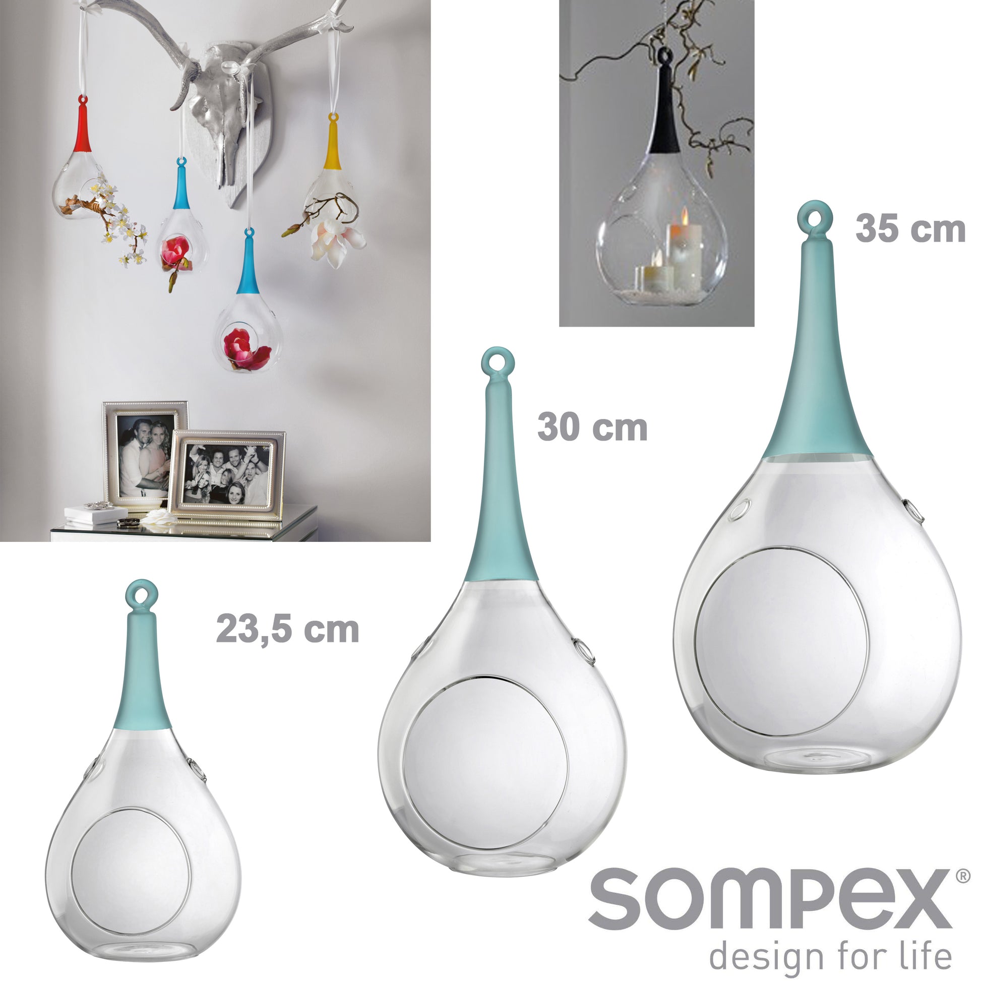 3er Set Taura blau Windlicht zum aufhängen Glas Hängedekoration