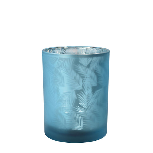 Windlicht Vase aus Glas blau silber mit Blattmuster 10cm Glas