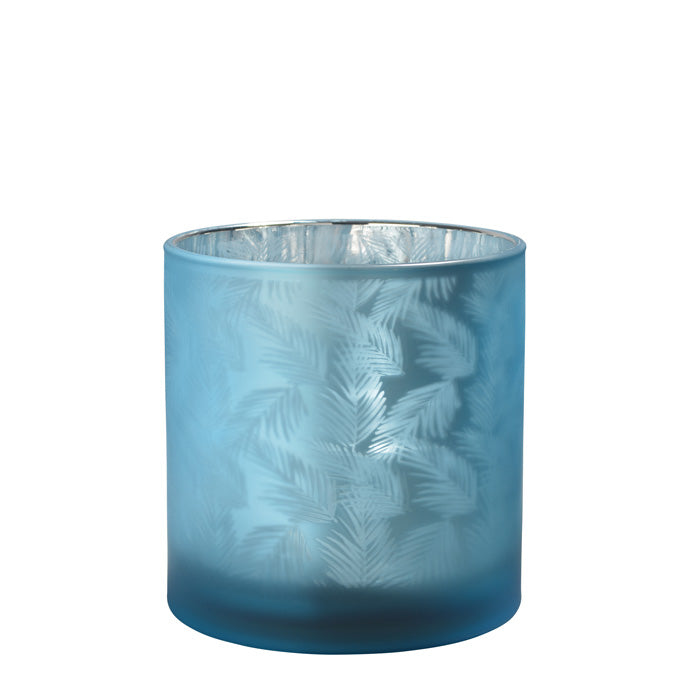 Windlicht Vase aus Glas blau silber mit Blattmuster 15cm Glas
