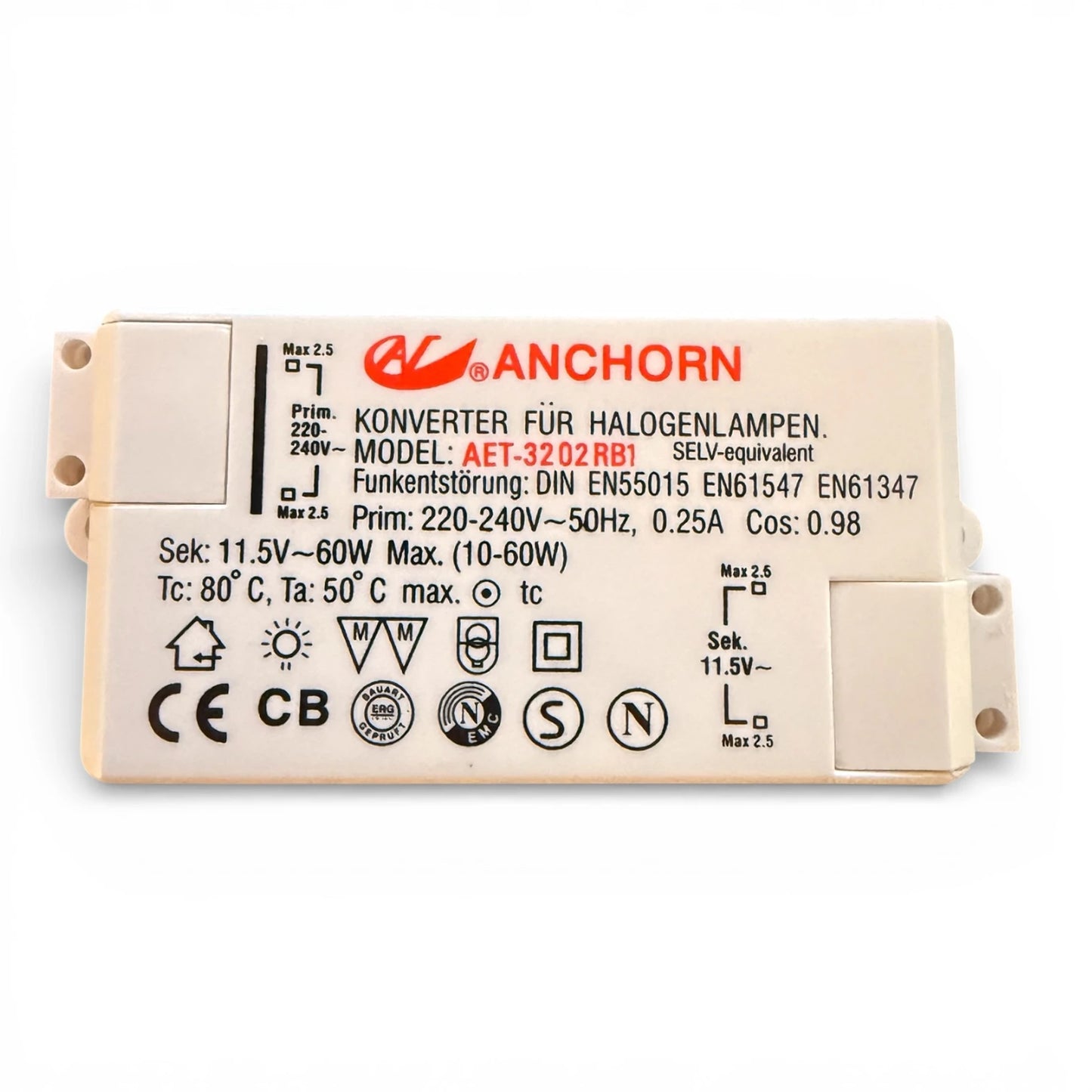 Anchorn AET-3202RB1 Ersatztrafo 10-60W elektronischer Halogen Transformator 11.5V 60W SELV Konverter