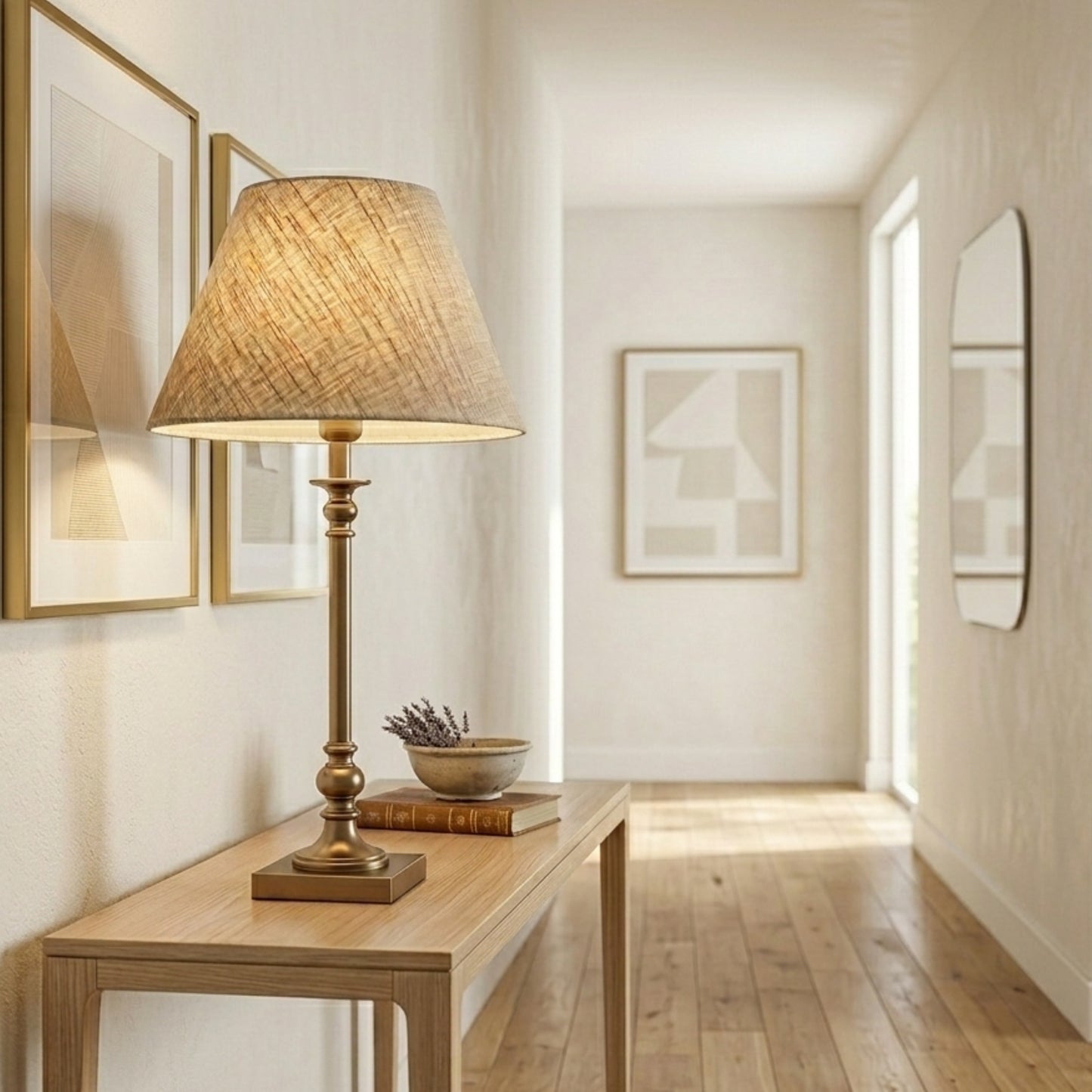 Lampenschirm in Creme-Beige auf heller Tischlampe im Flur, dekoriert auf einem Seidbordtisch.