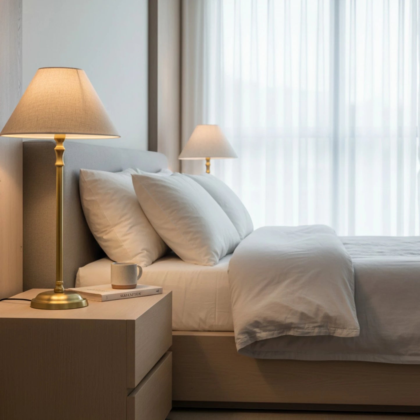 Lampenschirm in Beige auf einer Tischlampe mit schlankem goldfarbenem Fuß auf einem Holztisch im Schlafzimmer.
