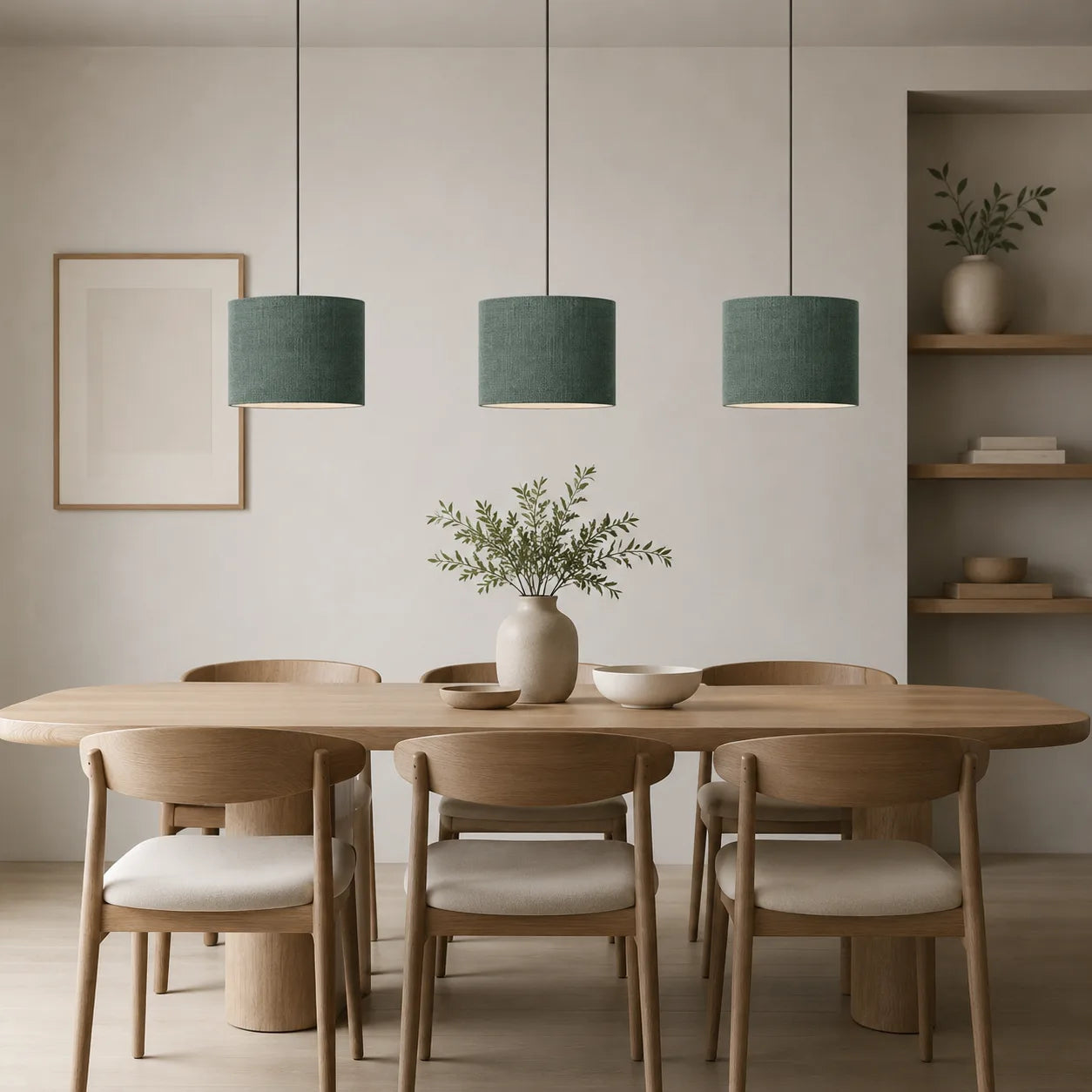 Lampenschrme in Graugrün als Hängelampe in Esszimmer.