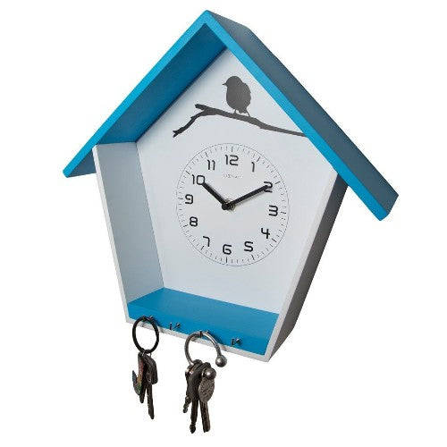 Holz Wanduhr mit Schlüsselbrett Cuckey Blau