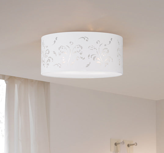 Deckenleuchte Flora Stoffschirm weiß mit Blumen-Dekor – Deckenleuchte E27