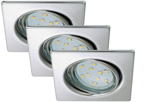 3er Set Einbauleuchten eckig Chrom GU10 inkl. 3W LED – Einbaustrahler IP23, schwenkbar, dimmbar, 68mm