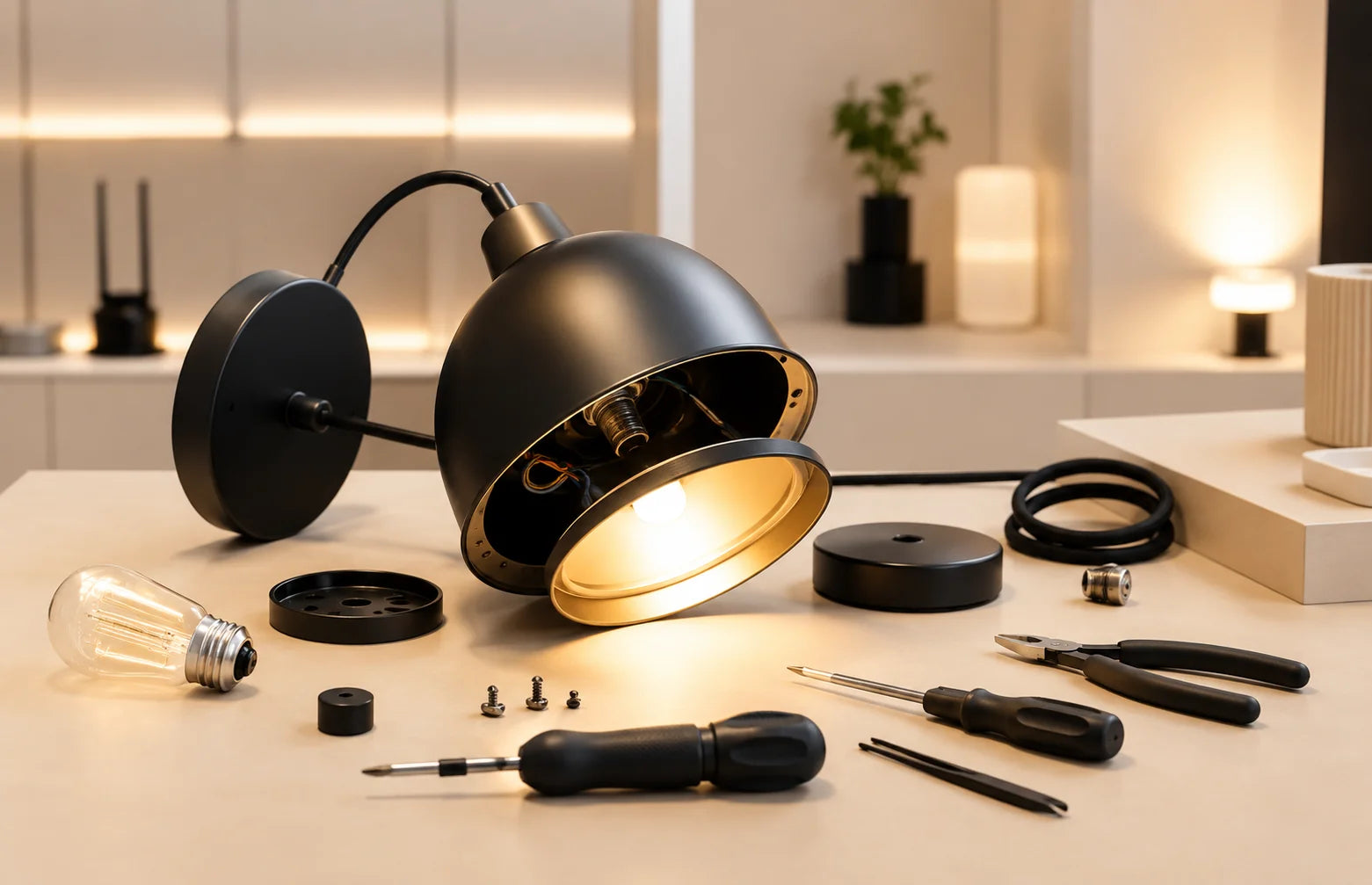 Reparatur einer modernen Lampe mit Werkzeug, Ersatzteilen und warm leuchtendem Licht