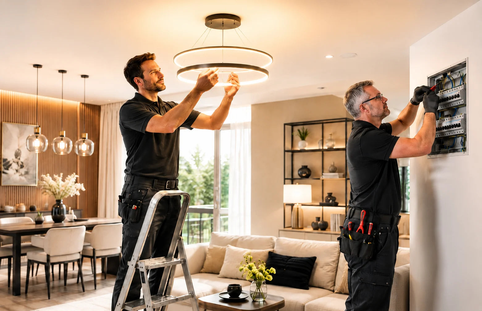 Elektriker installieren moderne LED Hängeleuchte in luxuriösem Wohnzimmer mit warmem Licht, schwarze und beige Einrichtung, Sicherheit und Schutz bei Lampenmontage