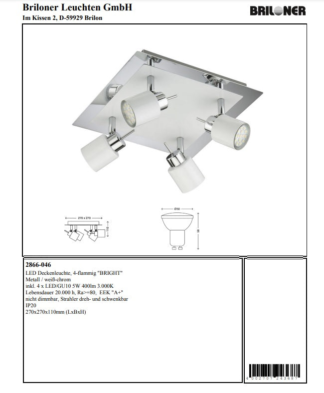 led deckenleuchte eckig weiss 27cm modern 4flg mit 4 strahlern warmweiss leuchtmittel austauschbar briloner 2866-046