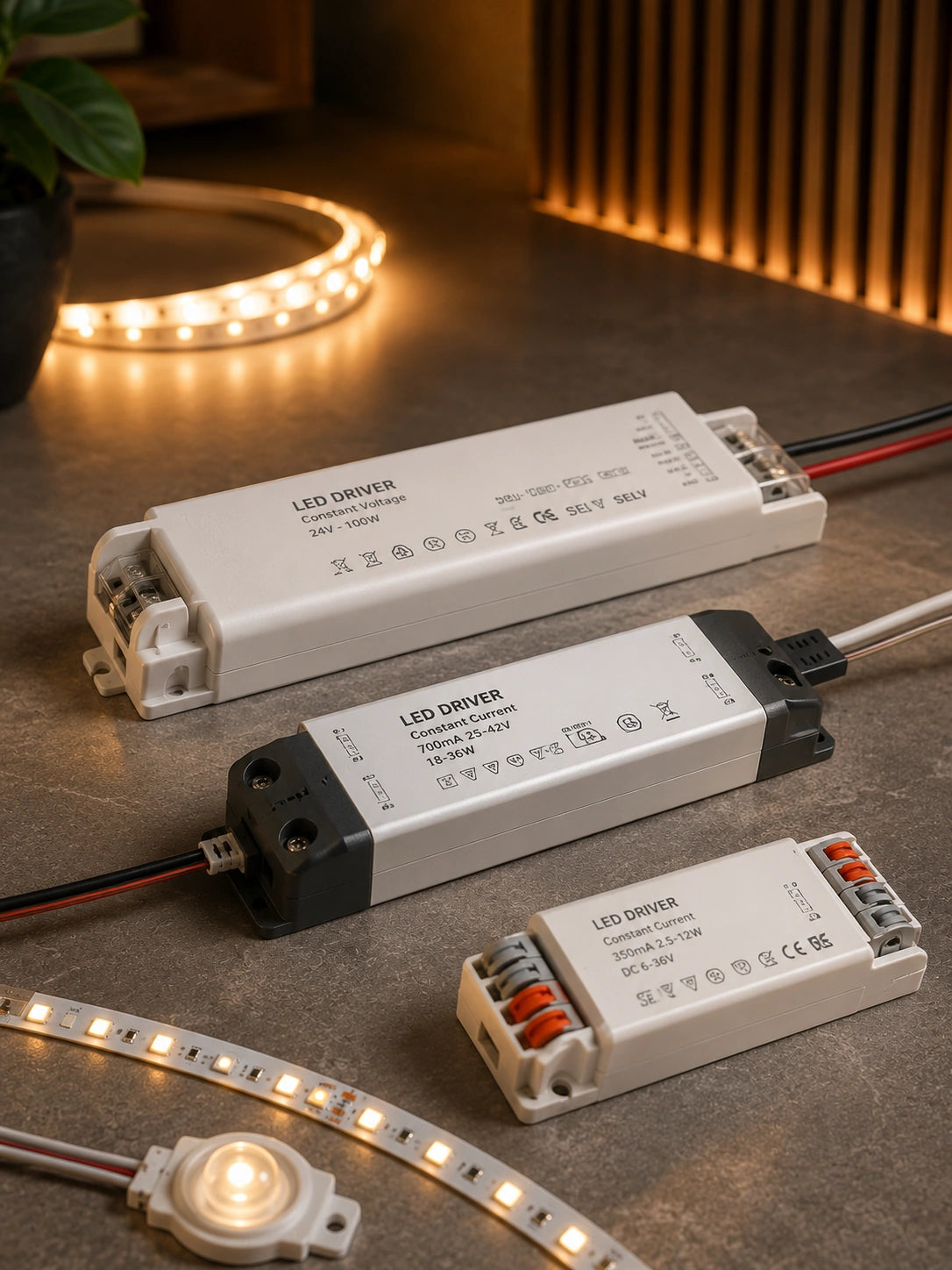 LED-Treiber und LED-Driver-Module mit Anschlussklemmen, sauber geführten Kabeln und warm leuchtendem LED-Strip in hochwertiger Technik-Szene.