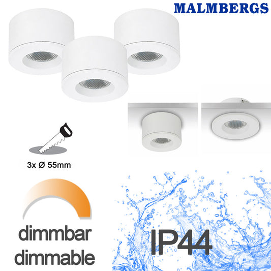 3er Set LED Spots Einbau & Aufbau dimmbar weiß IP44 55mm MD-31 – Einbaustrahler IP44, dimmbar, 55mm