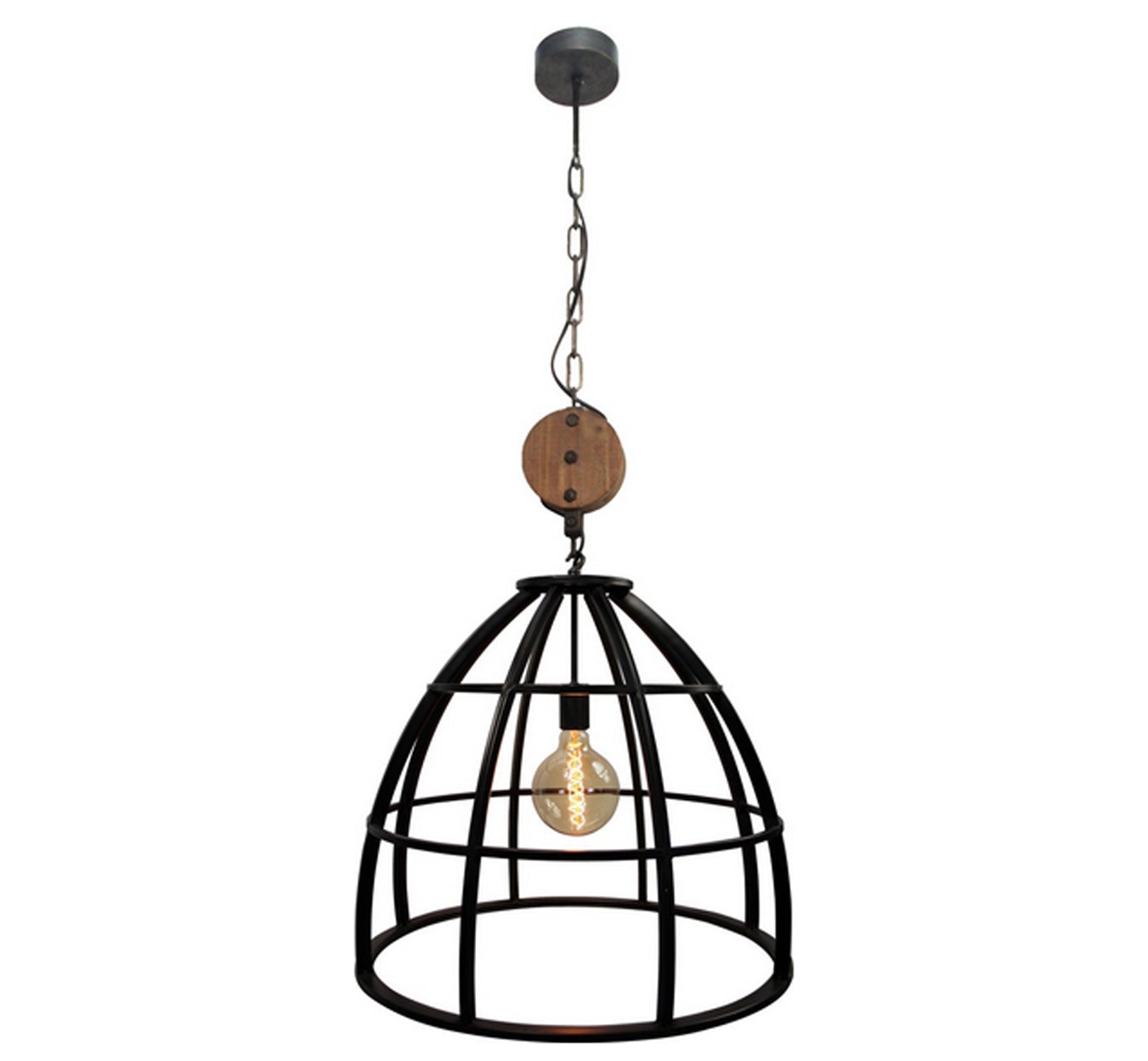 Design Hängelampe Vintage Industrie Look schwarz mit Holzelement – Pendelleuchte höhenverstellbar, E27