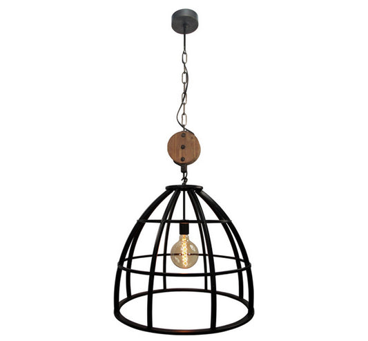 Design Hängelampe Vintage Industrie Look schwarz mit Holzelement – Pendelleuchte höhenverstellbar, E27