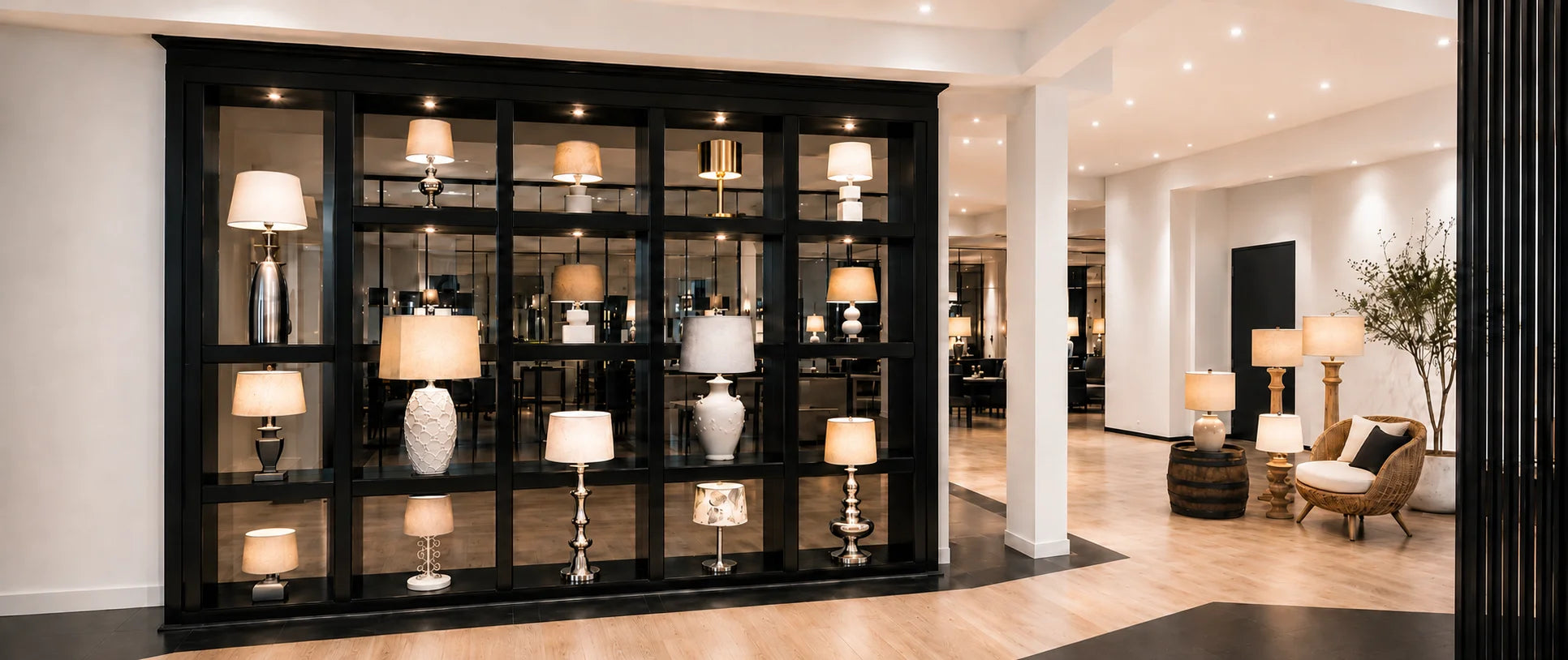 Video laden: Eleganter Saasil Lampen Showroom mit beleuchteten Tischlampen, modernen Lampenschirmen und luxuriöser schwarzer Regalwand in warmen Wohnambiente