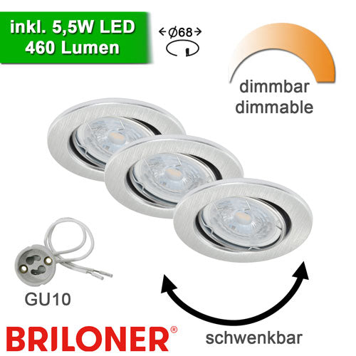 3x Einbauspots 68 mm Alu GU10 inkl. 5,5W LED dimmbar – Einbaustrahler IP23, schwenkbar, dimmbar, 68mm