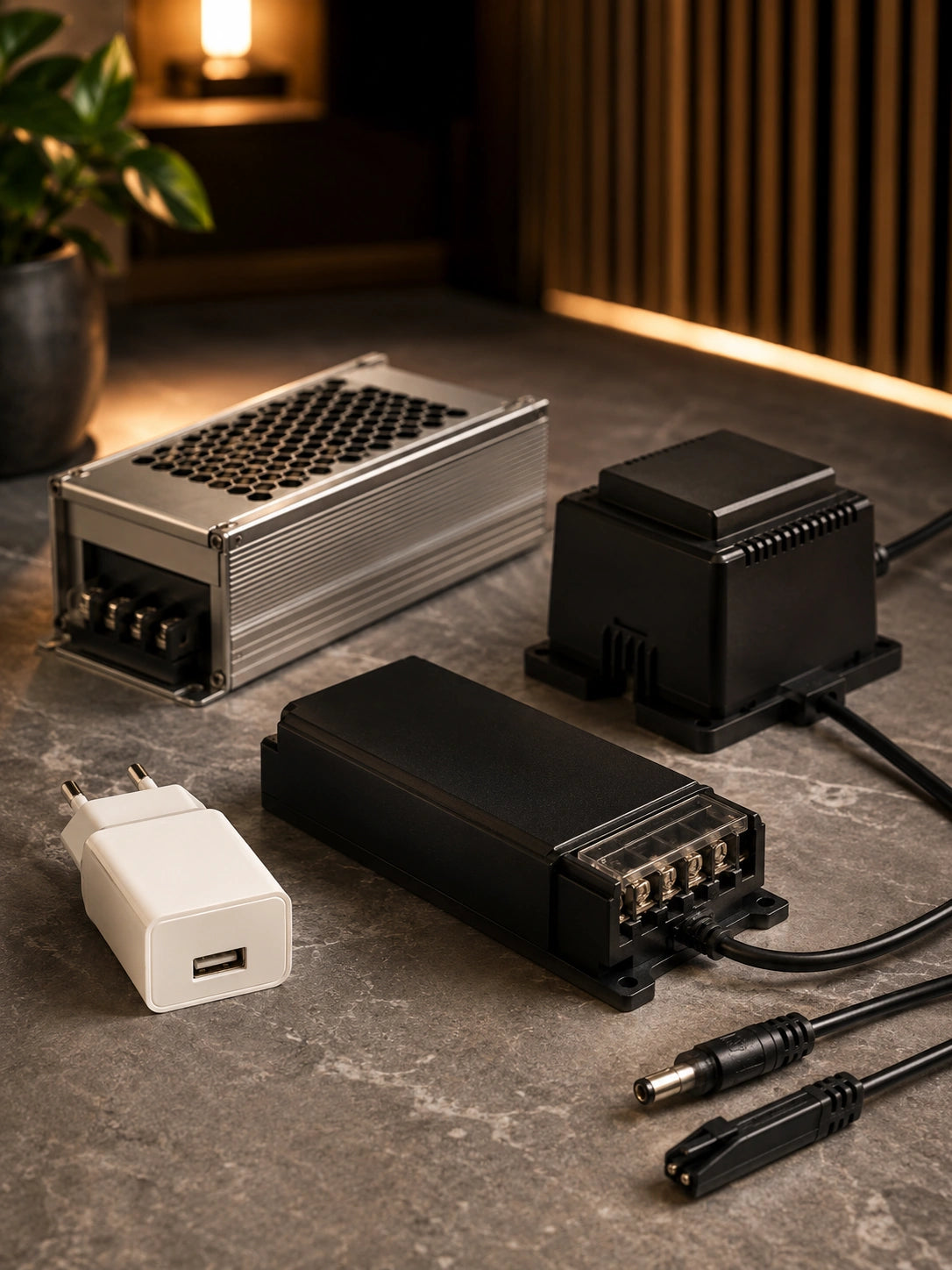 Trafos, Netzteile, LED-Konverter und USB-Steckernetzteil in moderner Technik-Szene mit warmer Lichtstimmung.