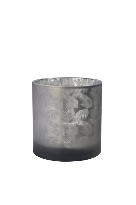 Windlicht Vase aus Glas grau mit Blattmuster 15cm Glas