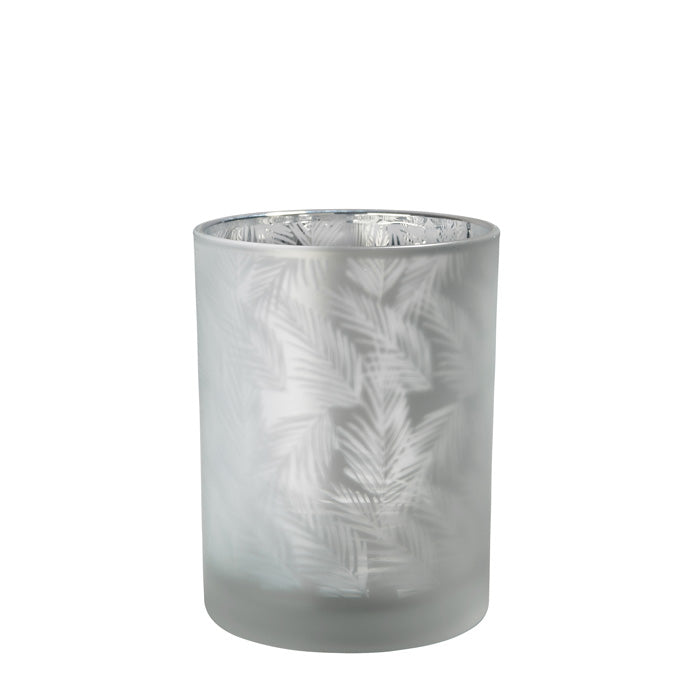 Windlicht Vase aus Glas weiß silber mit Farn 10cm Glas