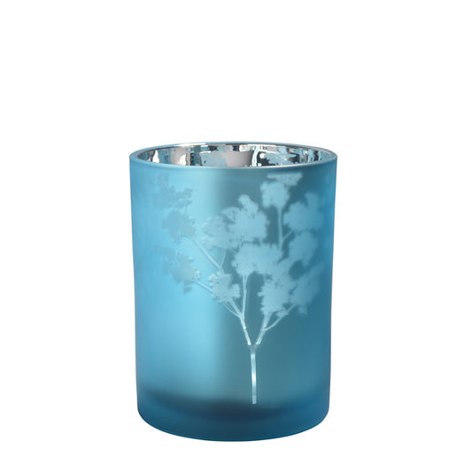 Windlicht Vase aus Glas blau silber mit Blumen 10cm Glas