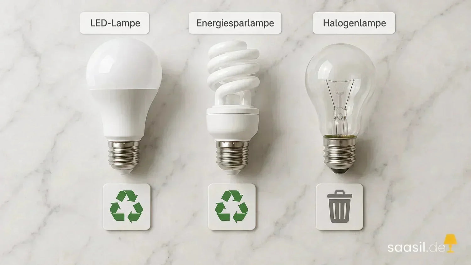 Alte LED-Lampe, Halogenlampe und Leuchtstofflampe zur richtigen getrennten Entsorgung in Deutschland