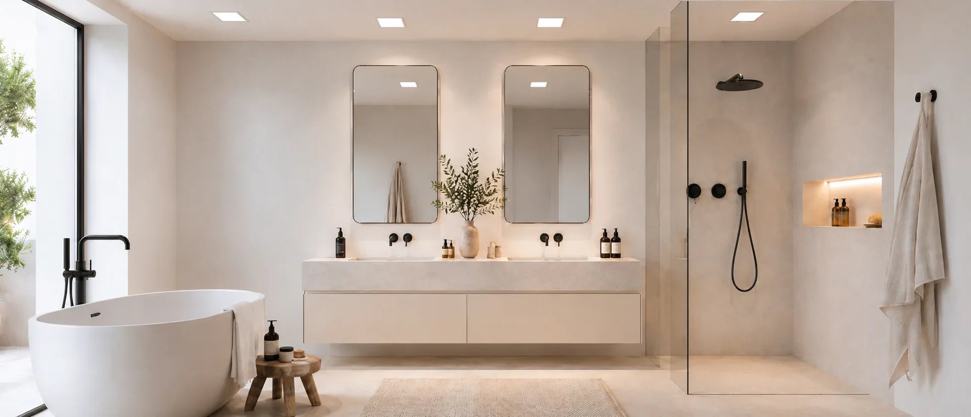 Modernes Badezimmer mit quadratischen Einbauleuchten, beige weißen Fliesen, schwarzen Armaturen und warmer LED Beleuchtung