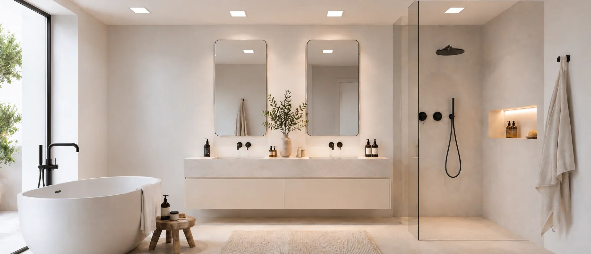 Modernes Badezimmer mit quadratischen Einbauleuchten, beige weißen Fliesen, schwarzen Armaturen und warmer LED Beleuchtung