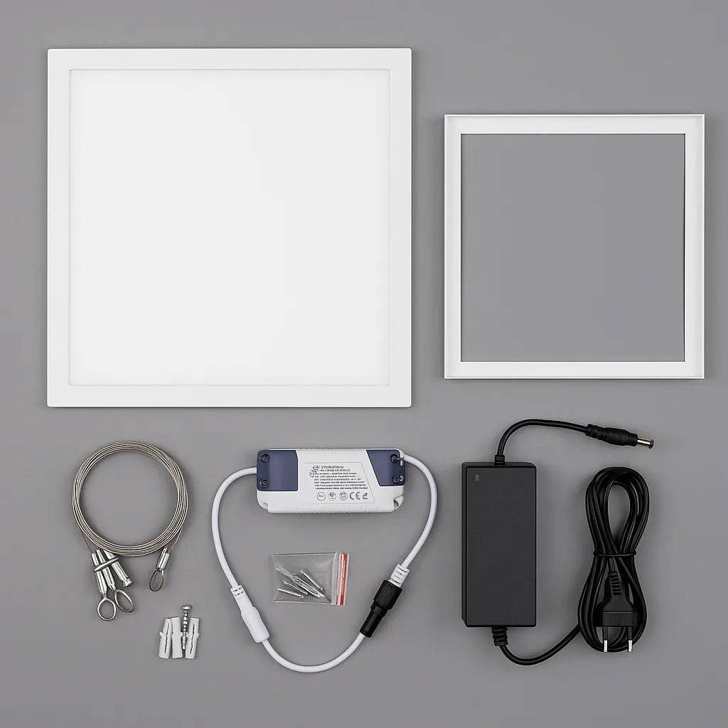 LED Panel mit Zubehör – Montagerahmen,  LED Treiber, Netzteil + Befestigungsmaterial  Deckenbeleuchtung, Büro und Ladenbau