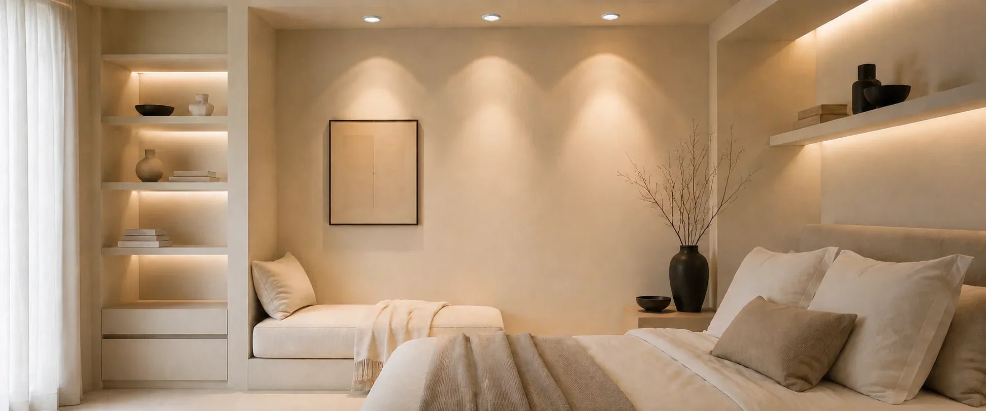 Elegantes Schlafzimmer mit GU5,3 Einbauleuchten, warmweißem Licht, beiger Einrichtung und moderner LED Deckenbeleuchtung