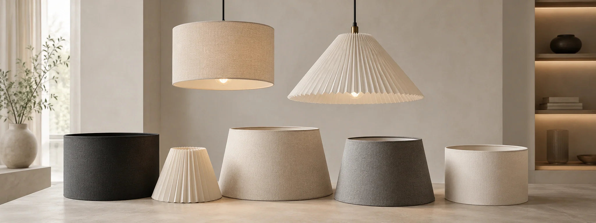 Moderne Lampenschirme in Beige, Weiß, Grau und Schwarz für Pendelleuchten und Tischlampen