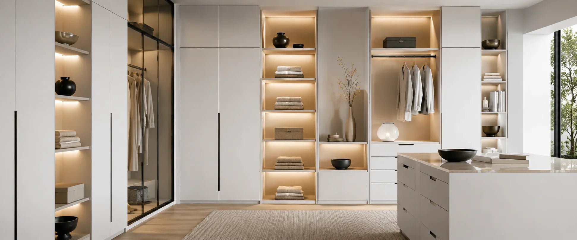 Moderner Kleiderschrank mit Möbel Einbauleuchten, warmer LED Schrankbeleuchtung, weißen Möbeln und elegantem Wohnambiente