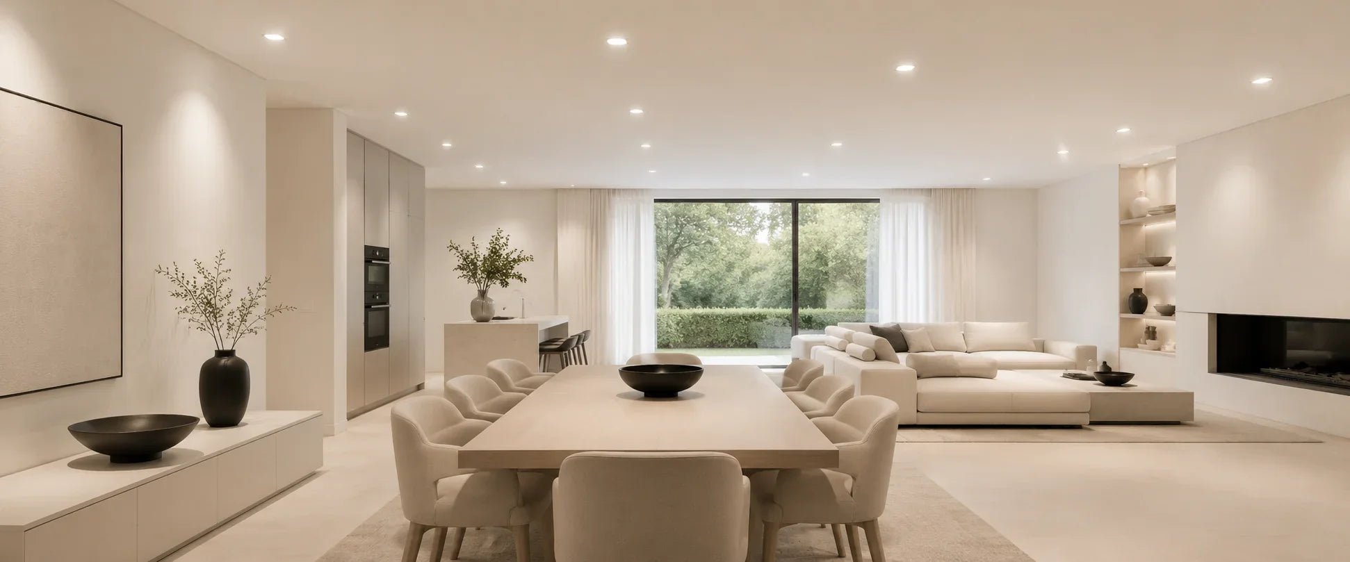 Helles Wohnzimmer mit Einbauleuchten Set, modernen LED Spots, beiger Einrichtung und eleganter Wohnraum Beleuchtung