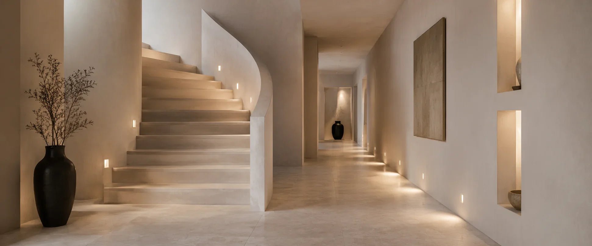 Eleganter Flur mit Wand und Boden Einbauleuchten, Treppenbeleuchtung, warmem LED Licht und moderner Architektur