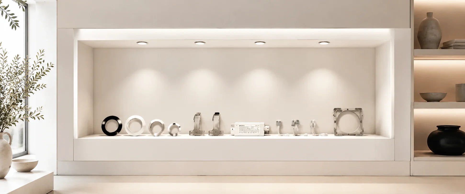 Einbauleuchten Zubehör mit LED Rahmen, Trafo, Fassungen und Montagezubehör in moderner weißer Präsentation