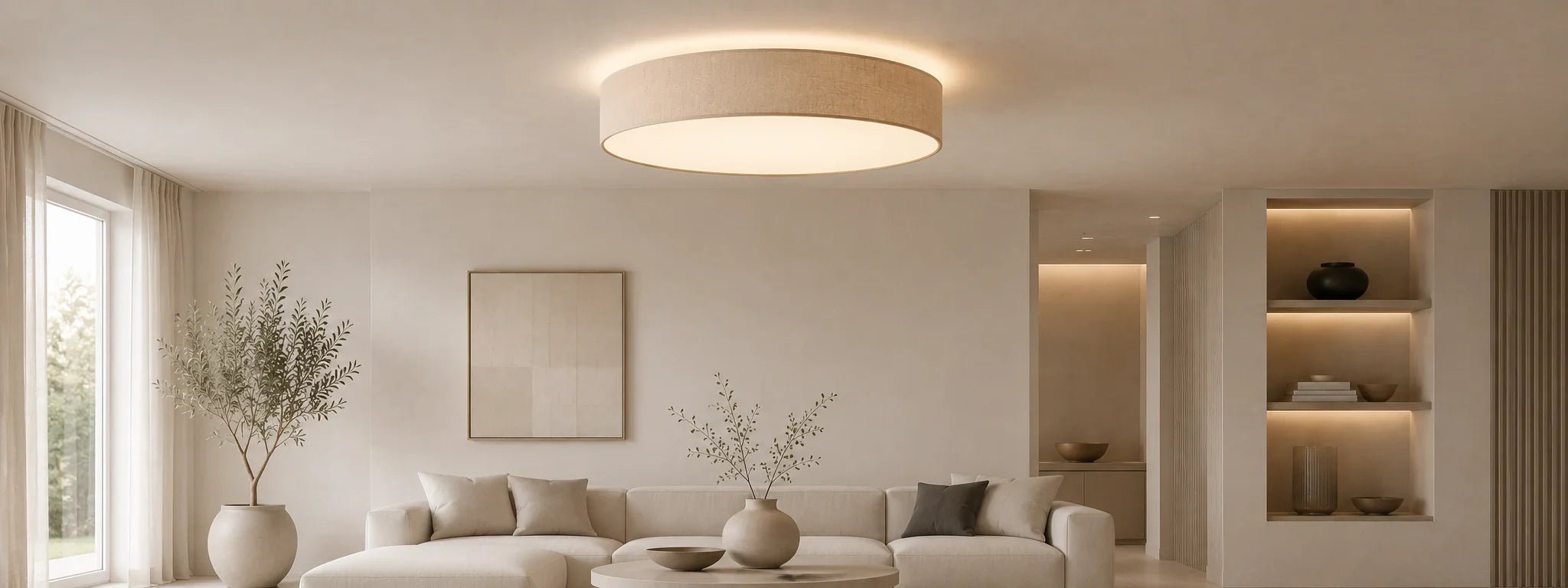 Moderne Deckenleuchte für den Innenbereich im hellen Wohnzimmer mit warmem Licht