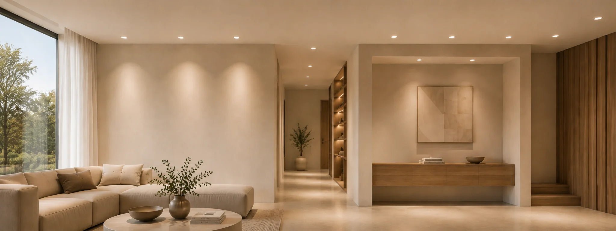 Einbaustrahler und Einbauspots im modernen Wohnzimmer mit warmem Licht