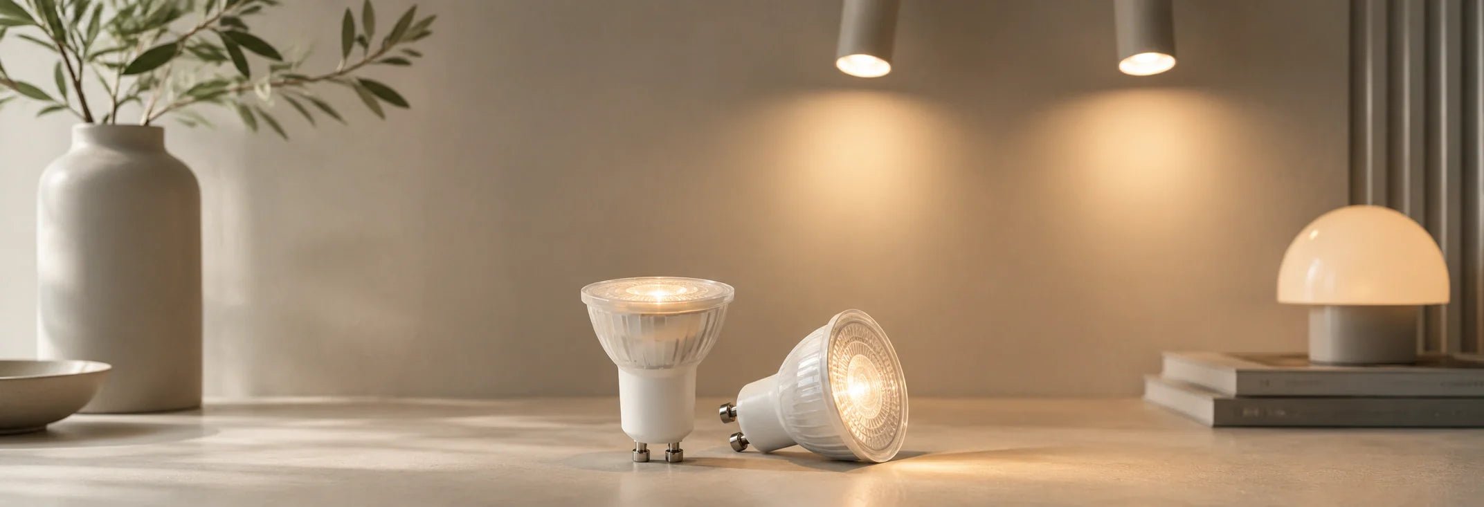 GU10 Leuchtmittel und LED Spots mit warmem Licht in moderner Wohnraum-Atmosphäre