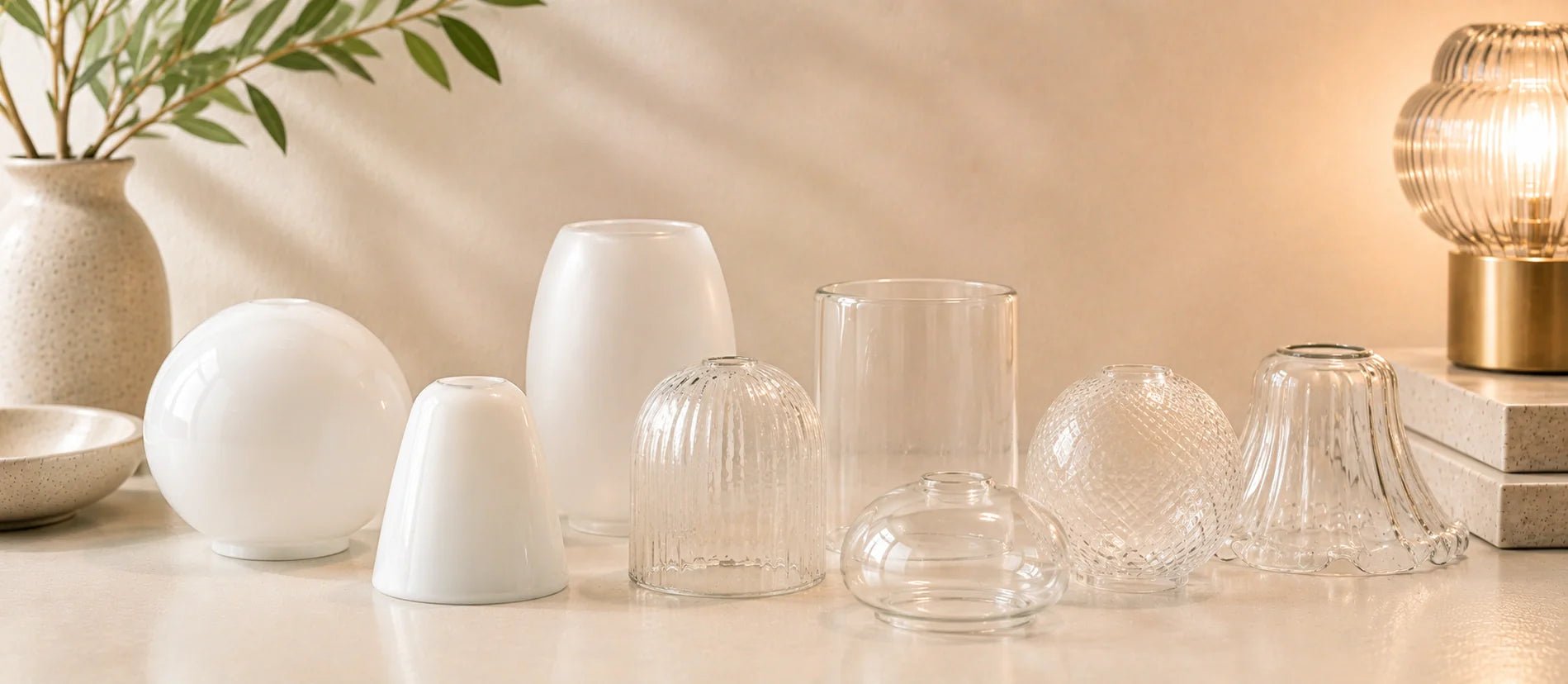 Regal mit verschiedenen Lampengläsern und Ersatzgläsern aus Glas – rund, konisch, farbig, opal und gemustert – in einem Lager