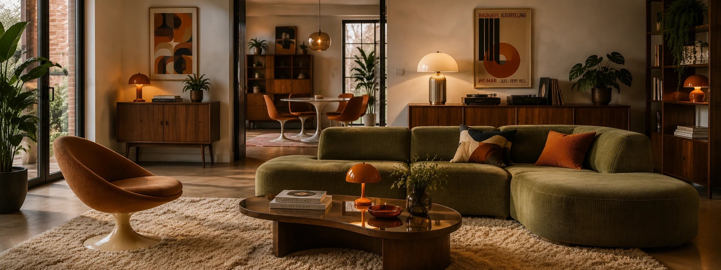 Hochwertige Retro-Wohnszene mit warmen Farben, Holz, Glas und dezent integrierten Leuchten im stilvollen 60er- und 70er-Jahre-Look.