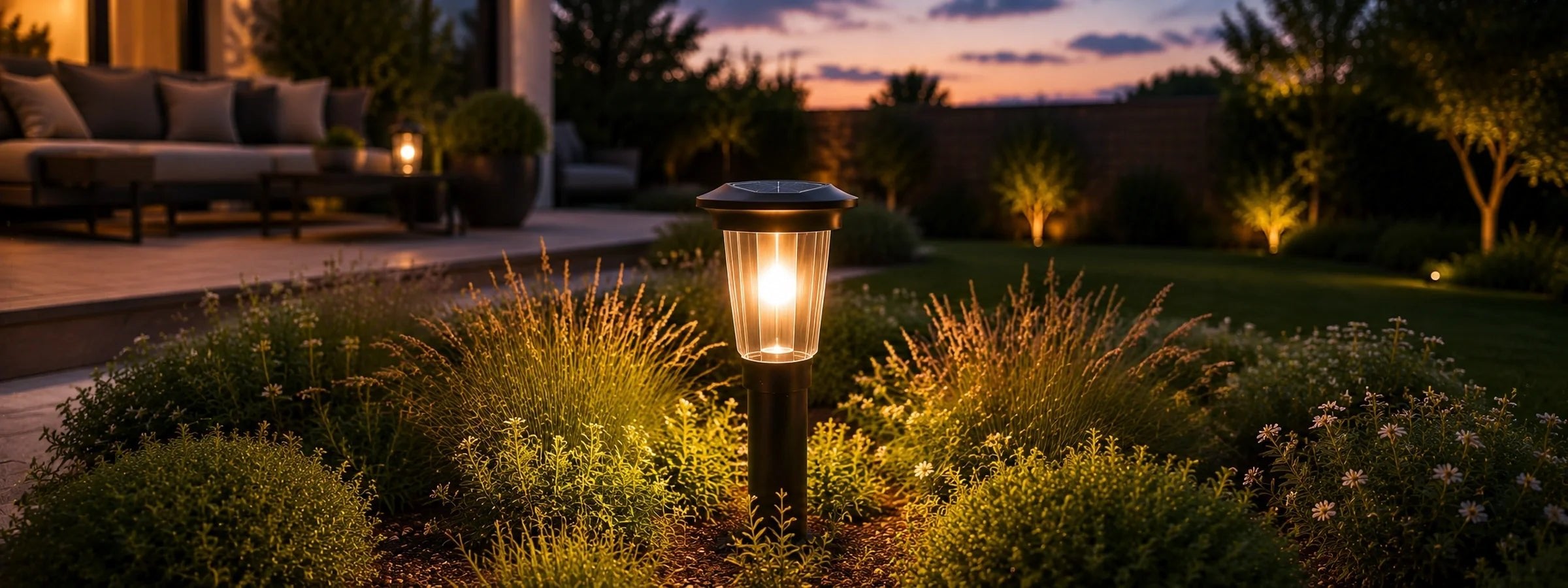 Solarleuchten und Außenleuchten im Garten mit warmem Licht bei Abenddämmerung