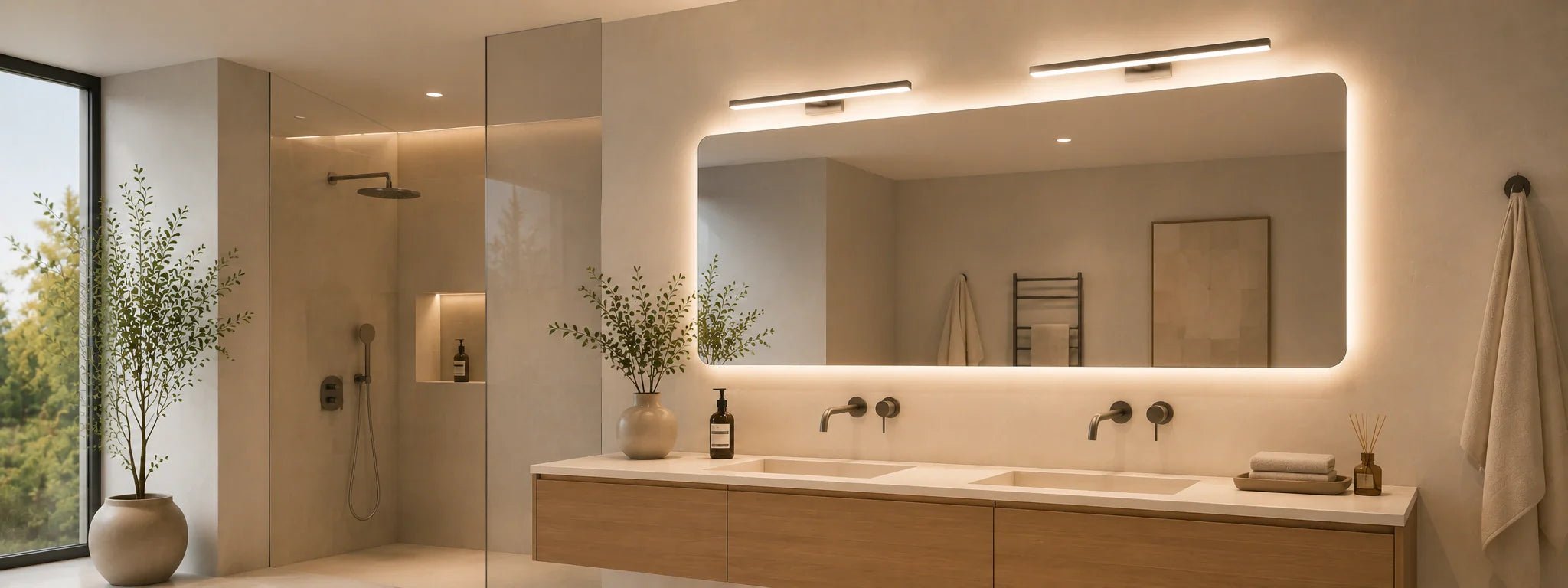 Spiegellampen und Spiegelleuchten im modernen Badezimmer mit warmem Licht