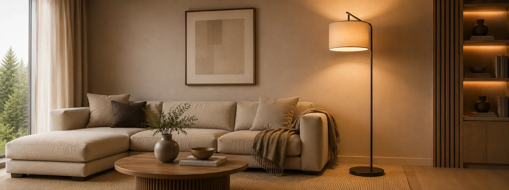 Stehlampen und Stehleuchten im modernen Wohnzimmer mit warmem Licht