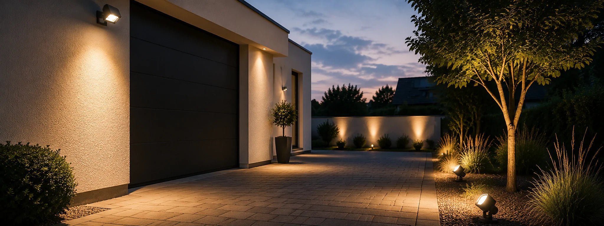 Strahler und Fluter für den Außenbereich an Haus, Einfahrt und Garten mit warmem Licht