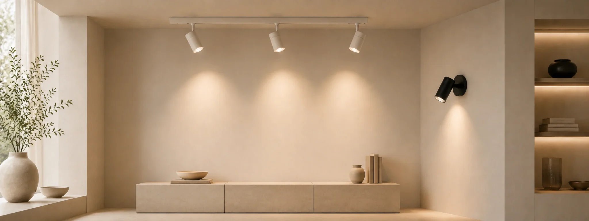 Strahler und Spots für Wand und Decke im modernen Wohnraum mit warmem Licht