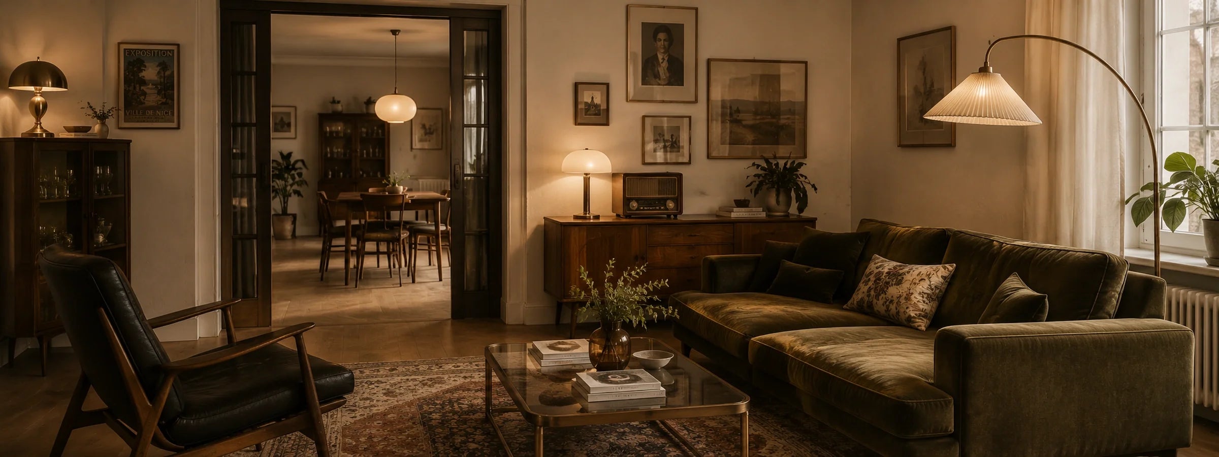 Hochwertige Vintage-Wohnszene mit warmem Licht, Retro-Elementen, Holz und Messing sowie harmonisch integrierter Beleuchtung.